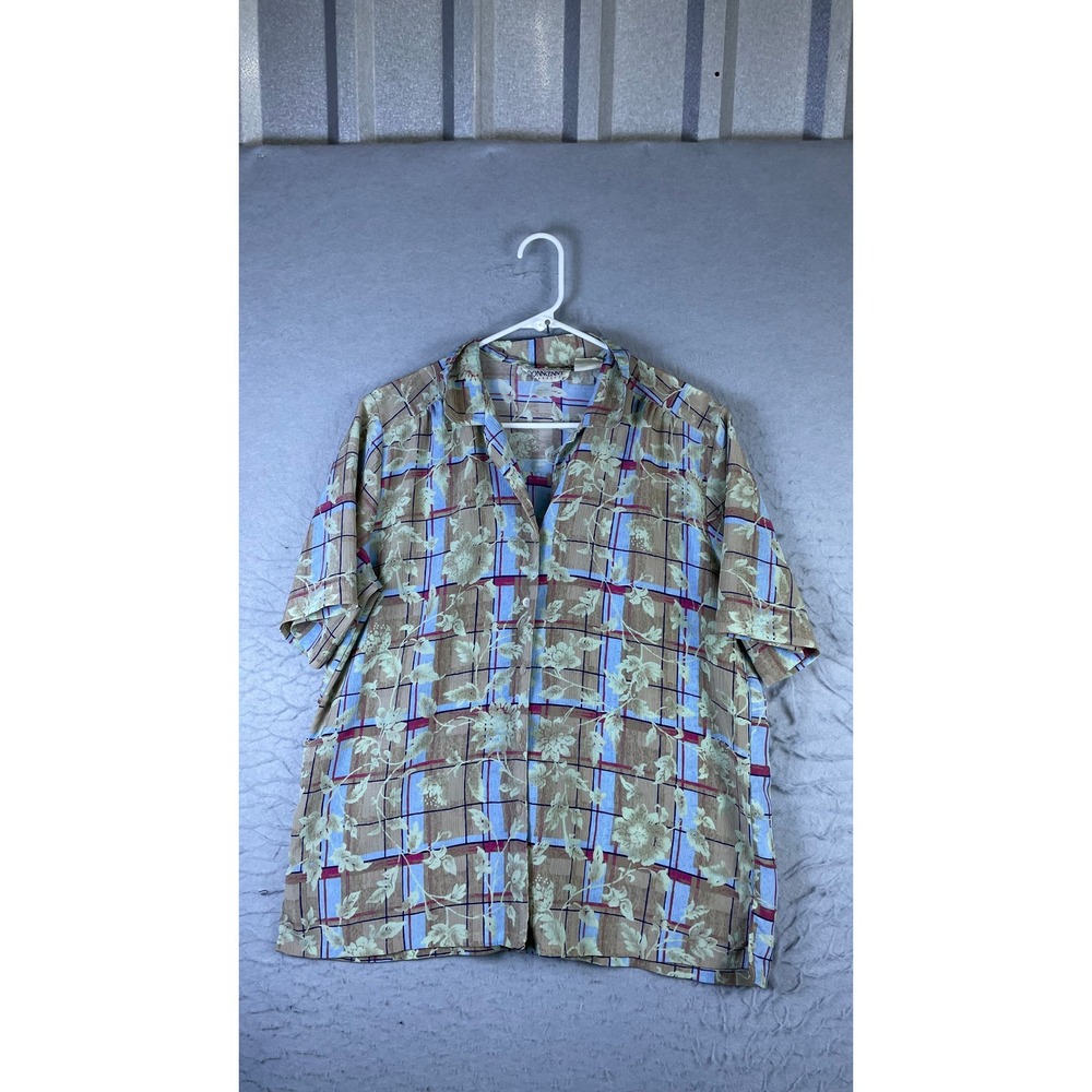 Donnkenny Shirt Men Large Brown Floral Plaid Short Sleeve Excellent 523627R